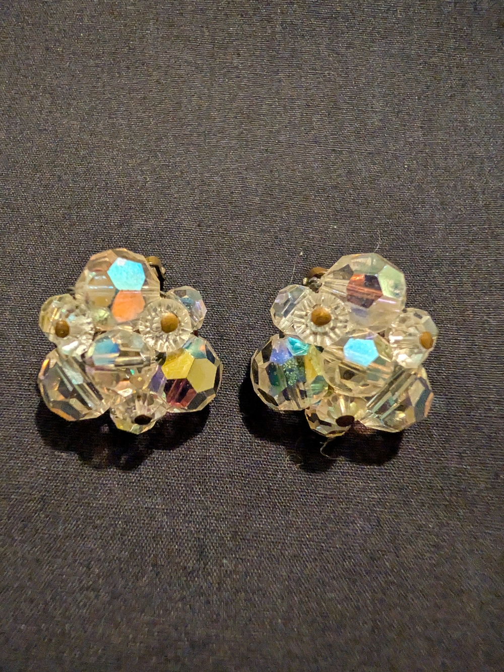 Vintage 1950's Crystal Cluster Clip-On Earrings - Iridescent